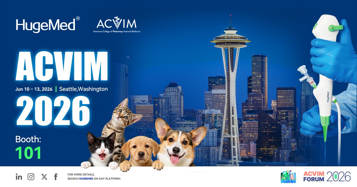 ShenzhenHugeMed's tweet image. 🐾#HugeMed at ACVIM Forum 2026 – #Seattle

Join us at the premier event for veterinary internal medicine – the ACVIM Forum 2026.

📍Seattle, Washington
🗓️ June 10–13, 2026
📍 Booth #101

#ACVIM2026 #VeterinaryMedicine #VetEndoscopy #SingleUse #Endoscopy #ACVIMForum #AnimalHealth