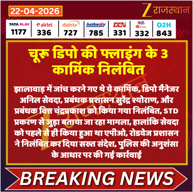 zeerajasthan_'s tweet image. #Jaipur: चूरू डिपो की फ्लाइंग के 3 कार्मिक निलंबित

@kashiram_journo #LatestNews #RajasthanNews #RajasthanWithZee
