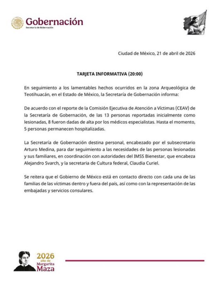 La Secretaría de Gobernación informó que, tras el ataque en Teotihuacán, ocho de las 13 personas lesionadas ya fueron dadas de alta, mientras que cinco siguen hospitalizadas bajo atención médica.