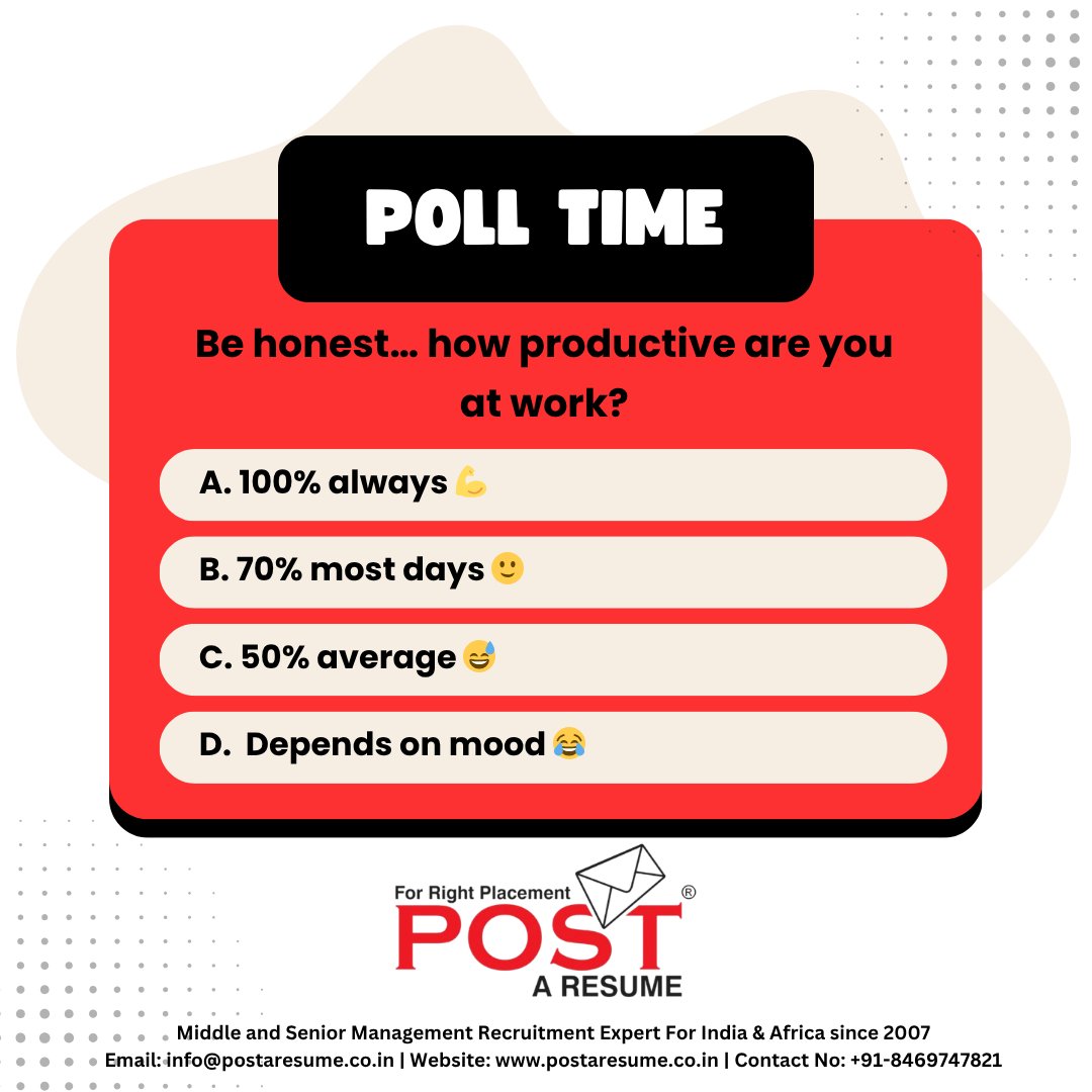 postaresume's tweet image. 🗳️ Poll Time: Be honest… aaj sach bolna padega 😏

📌 Follow POST A RESUME for job tips

📲 Join our WhatsApp Channel :
lnkd.in/d2fp_Hpc

🔎 Apply for more opportunities here:
lnkd.in/dzs5v-H2

#OfficePoll #WorkplaceHumor #PostAResume #VipulMmali #VipulTheWonderful