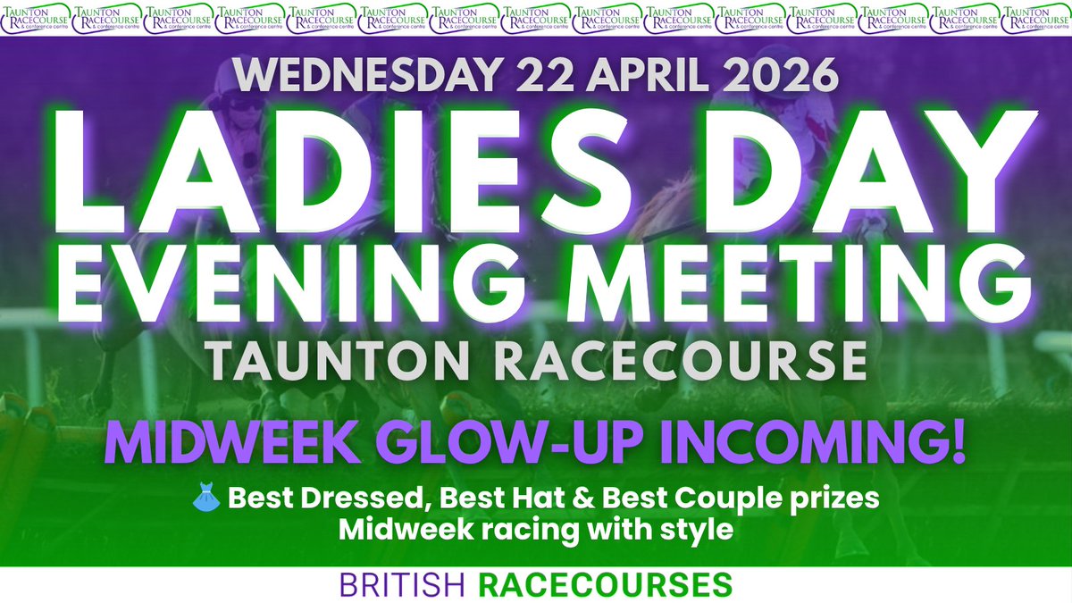 ukracecourses's tweet image. Midweek racing with style 🏇✨
Taunton Ladies Day Evening Meeting:
 🏇 6 races (4:53pm – 7:30pm)
 👗 Best Dressed, Best Hat &amp;amp; Best Couple prizes
 🎉 Evening raceday vibes

👉 britishracecourses.org/taunton/
 📘 britishracecourses.org/taunton-bettin…
 🎟️ tauntonracecourse.co.uk/racing-home/ra…

#TauntonRaces #LadiesDay