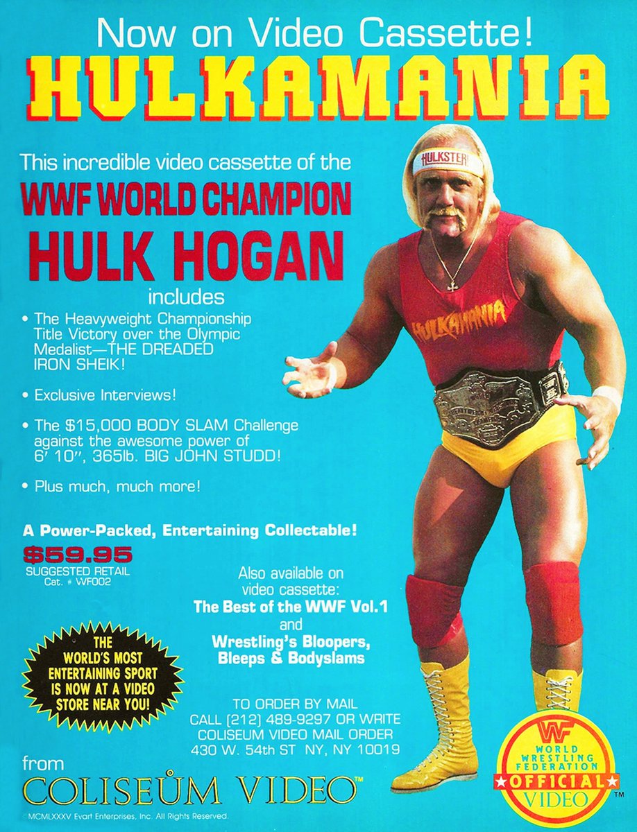 WWFWrestling1's tweet image. Coliseum Video presents Hulkamania on video cassette! 🏛️📼 #WWF #WWE #Wrestling #HulkHogan
