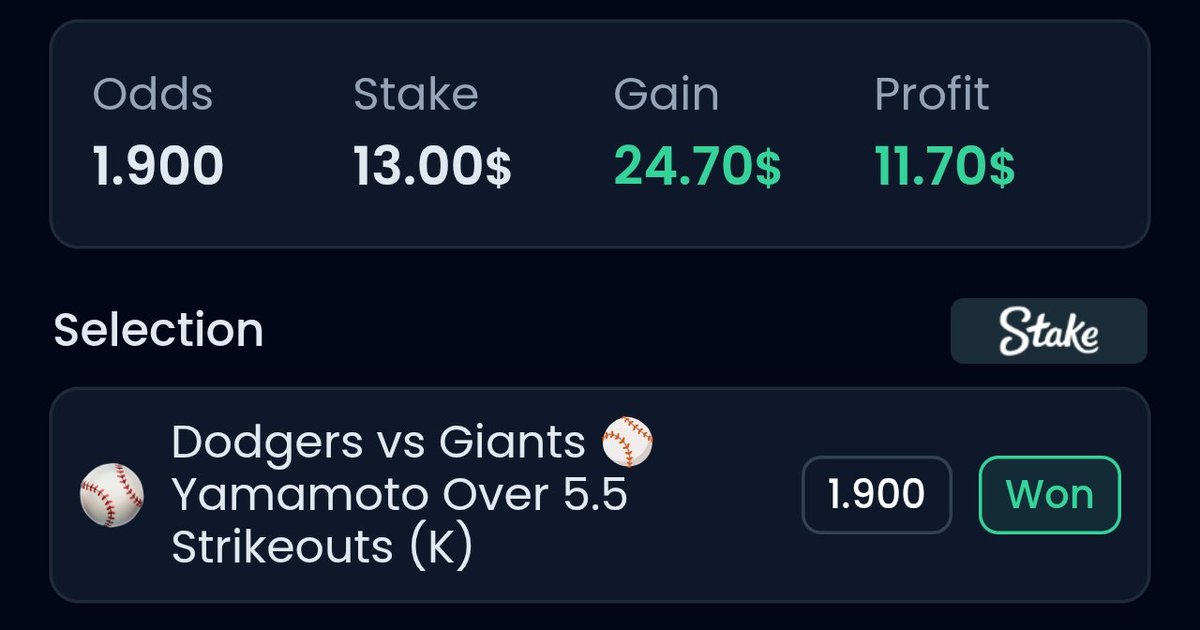 ✅ STEP 35 CASHED 💰

Dodgers vs Giants ⚾

Yamamoto Over 5.5 Strikeouts (K) WON 🔥

High odds smashed 👀

Profit: +$11.70

Different sport… same results 🪜📈

We keep stacking 🔥

<a href="/MLB/">MLB</a> <a href="/Dodgers/">Los Angeles Dodgers</a>

#SportsBetting #MLB #Baseball