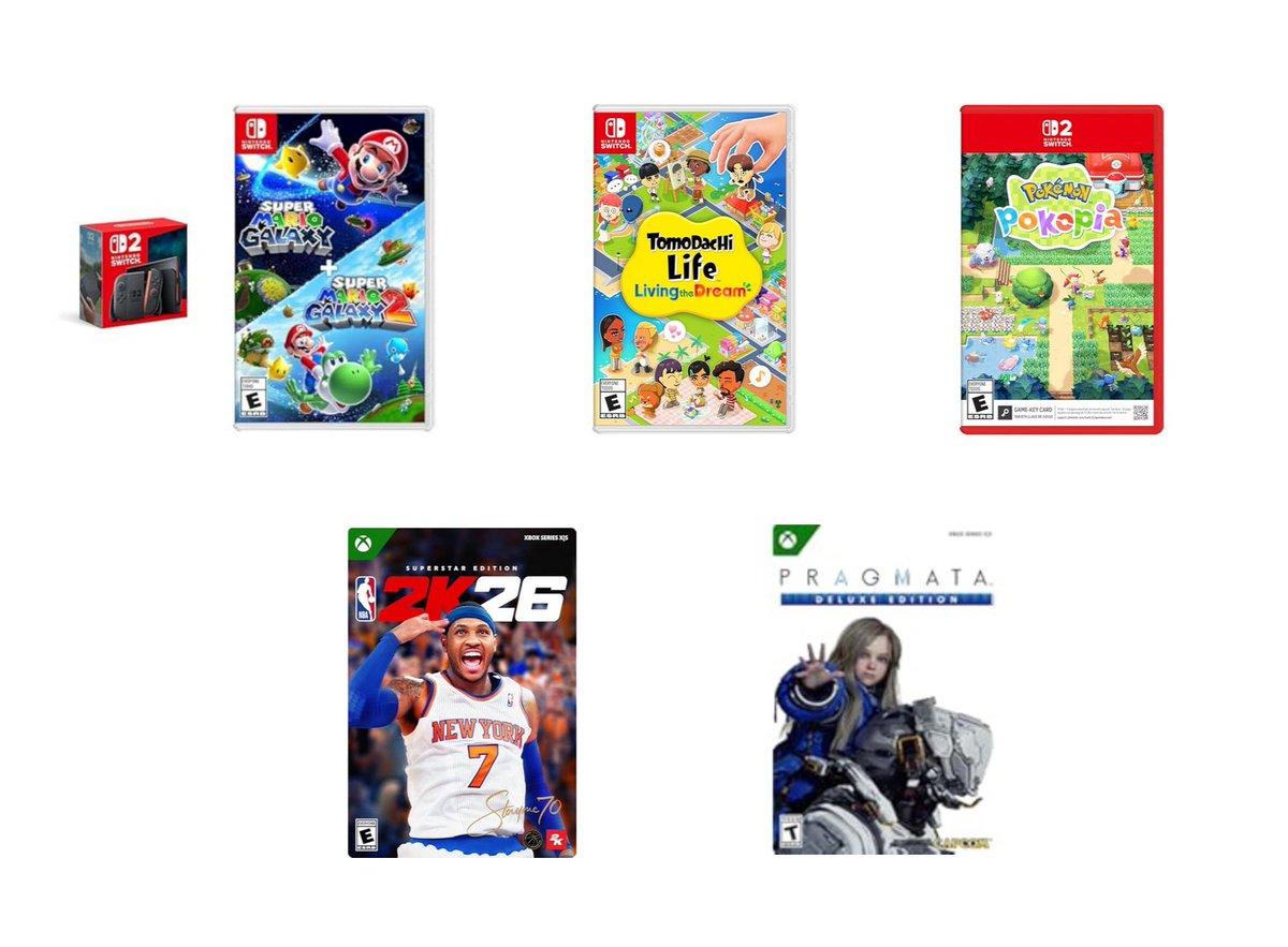 Nintendeal's tweet image. Best-selling video games on Amazon in 2026 (so far): amzn.to/4rUfTbk #ad

1- Nintendo Switch 2 Console + Mario Galaxy Bundle
2- Tomodachi Life: Living the Dream
3- Pokémon Pokopia
4- NBA 2K26 (Xbox)
5- PRAGMATA (Xbox)