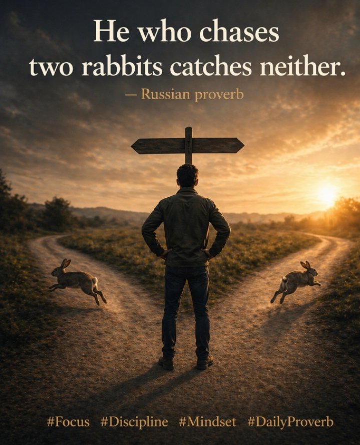 Quote89211Daily's tweet image. He who chases two rabbits catches neither. — Russian proverb

Takeaway:
Trying to do everything at once leads to nothing.
Focus your energy. Commit to one path.
That’s how results happen.

#Focus #Discipline #Mindset #DailyProverb