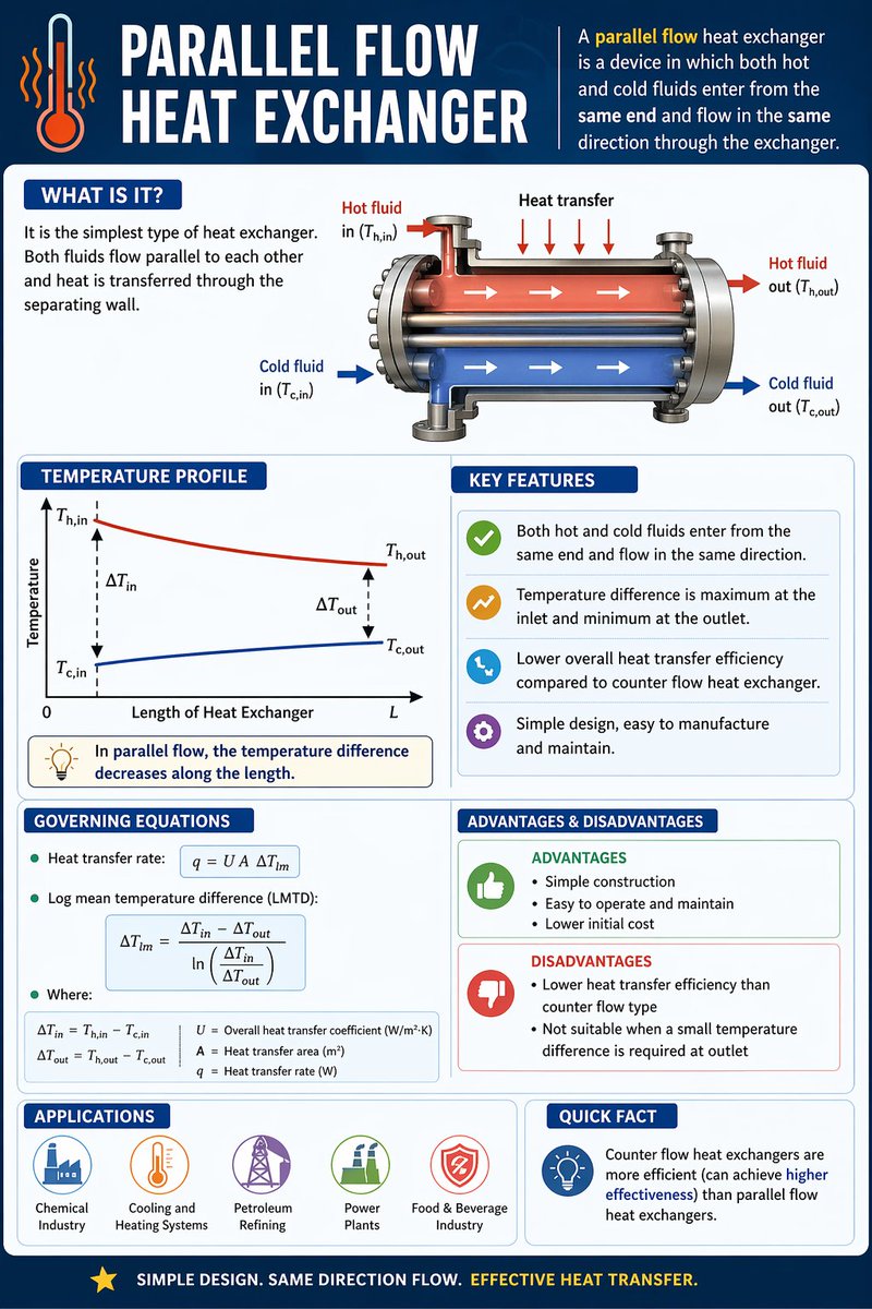 engineer_know's tweet image. Parallel Flow Heat Exchanger explained 🔥
✔️ Same direction flow
✔️ Simple design
✔️ Widely used in industry
But 👇
Less efficient than counter flow ⚠️
Engineering = Choosing the right system ⚙️
#MechanicalEngineering #HeatTransfer #Thermodynamics #STEM