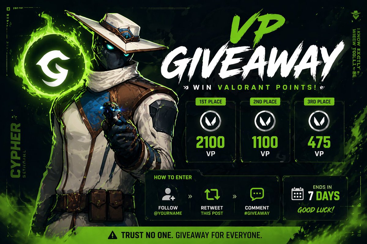 🎁 VP Giveaway

2100 VP / 1100 VP / 475 VP

Follow <a href="/csl_esport1z/">CSL Esport</a> &amp; <a href="/NatsuBTC/">Natsu</a> 

Repost + Comment your Riot ID

Ends in 7 days 💚
#VALORANT #Giveaway