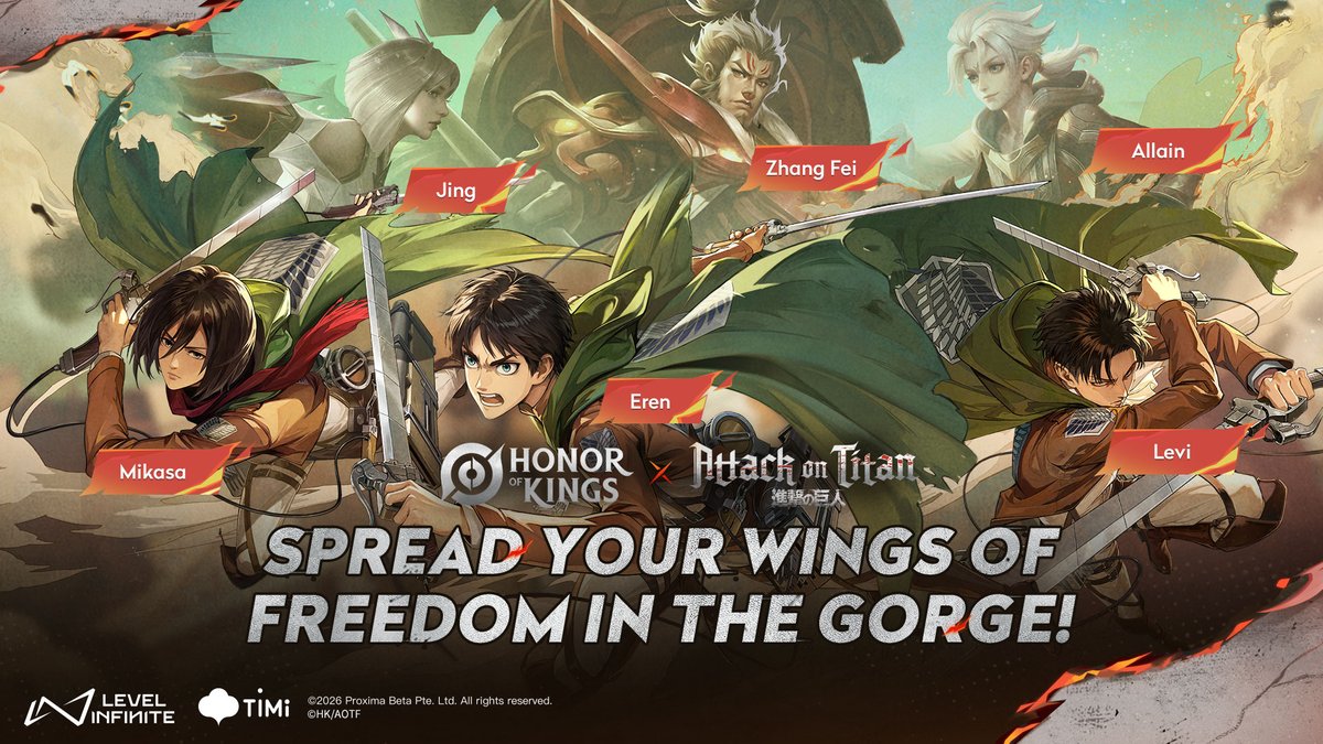 HonorOfKings's tweet image. Assemble! Scout Regiment! 🔥
Collaboration skins are coming soon.💥
As the heroes of the Gorge face off against the attacking Titans, let's dedicate our hearts!💪
#HonorofKings #AttackOnTitan #HoKxAttackOnTitan  #HoK #scoutregimentassemble