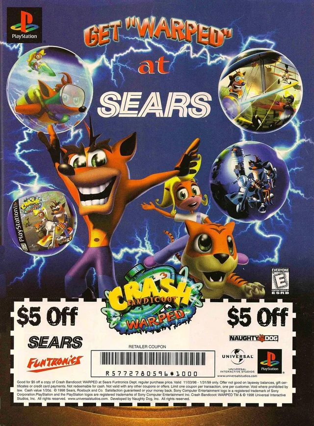 Get "Warped" at Sears with a $5 off Crash Bandicoot: Warped coupon