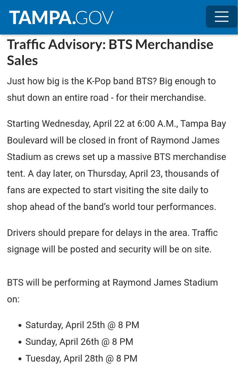 อิมแพ็คมหาศาลของบังทันเริ่มแล้ว ทางการแทมปาประกาศปิดถนนทั้งเส้นหน้า Raymond James Stadium เพื่อตั้งเต็นท์เมิร์ชขนาดใหญ่และจำหน่ายสินค้าของ BTS โดยจะเริ่มปิดตั้งแต่วันที่ 22 เม.ย 

"วงเคป็อบ BTS ยิ่งใหญ่แค่ไหน? ก็ยิ่งใหญ่พอที่จะปิดถนนทั้งเส้นเพื่อเมิร์ชของพวกเค้า.." 😳