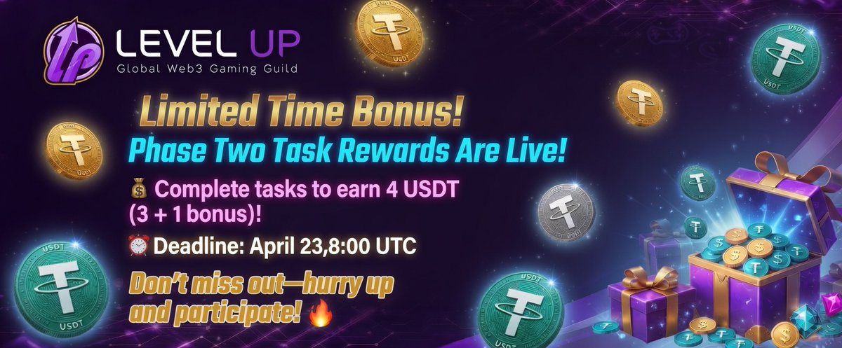 Level_Up_quest's tweet image. 🚨 Limited Time Bonus! Phase Two Task Rewards Are Live!

💵 Complete the tasks to earn 4 USDT (3 + 1 bonus reward)!

⏰ Deadline: April 23, 8:00 UTC

Don’t miss out—hurry up and participate! 🔥

go.levelup.land/HqXSPB 
#LEVELUP #WEB3 #Airdrop #Giveaway