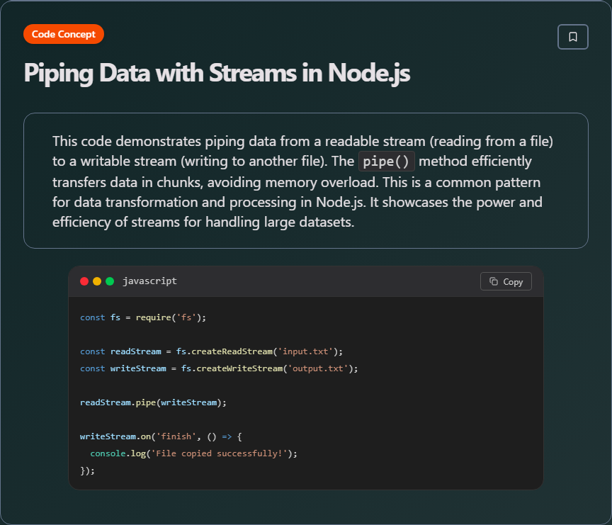 techielearnapp's tweet image. ✨ Piping Data with Streams in Node.js

Learn more on our app: play.google.com/store/apps/det…

#NodeJS #Backend #JavaScript #APIs #100DaysOfCode #DevLife