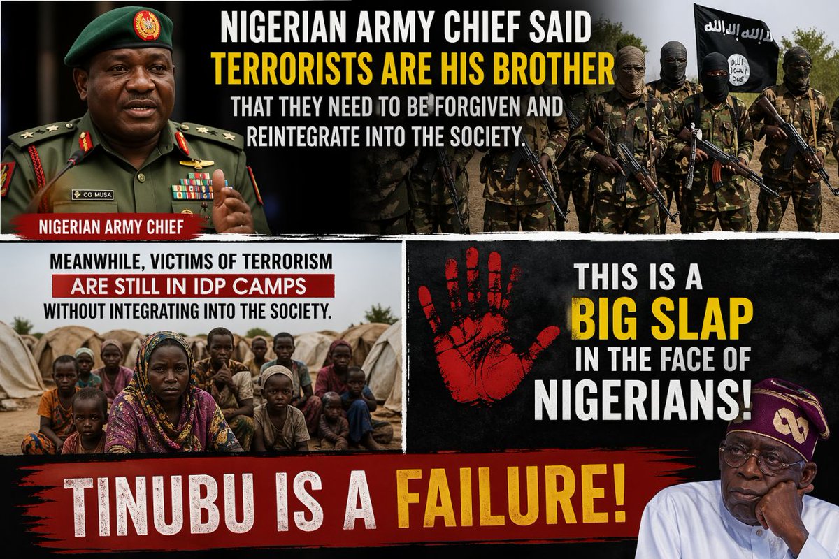 jamesgi35858478's tweet photo. The Nigerian Army chief said that terrorists are his brothers, and should be forgiven and reintegrated into society. Meanwhile, victims of terrorism are still in IDP camps without being properly reintegrated. This is a big slap in the face of Nigerians. Tinubu is a failure. https://t.co/uacH6ua24t