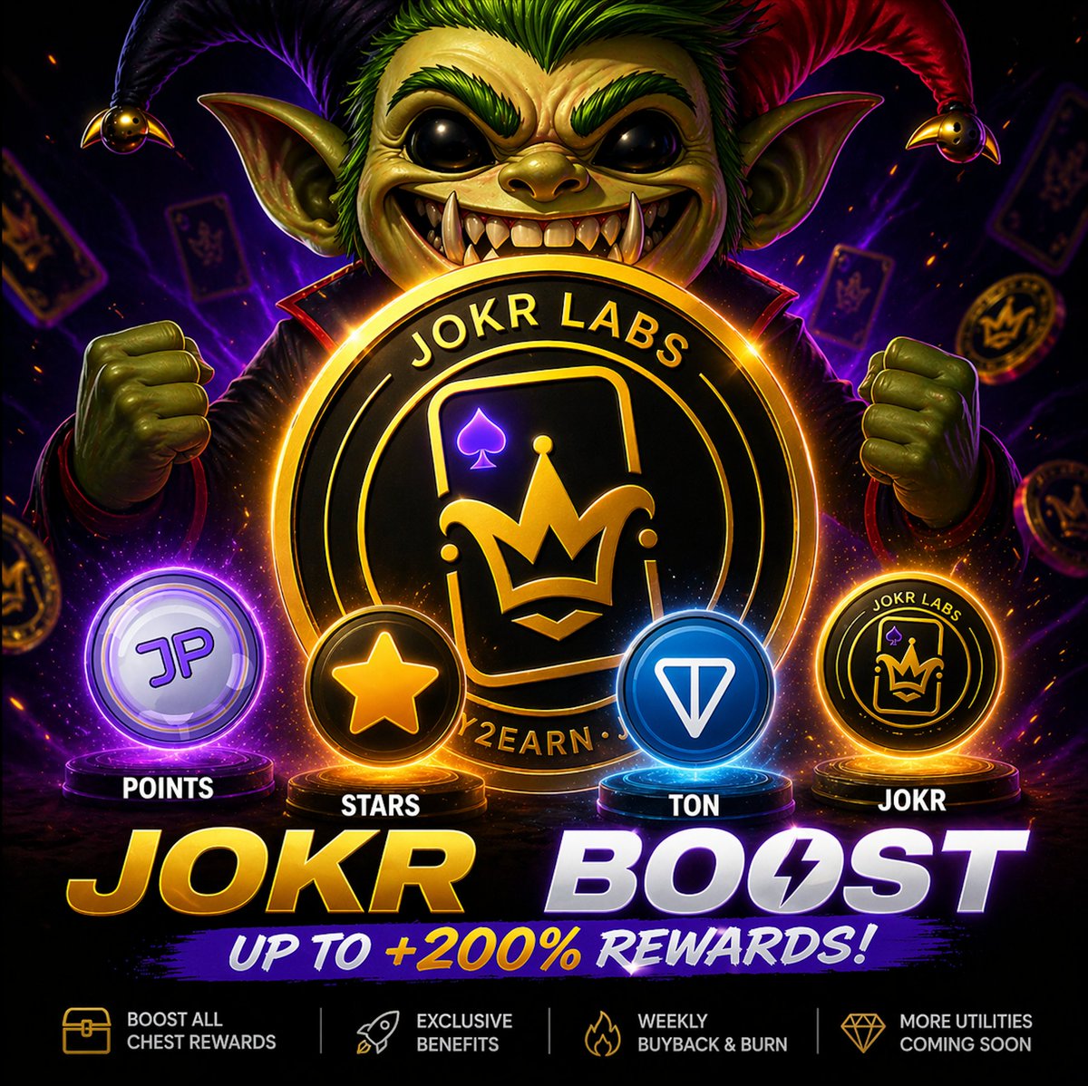 🚀 JOKR Reward Boost is LIVE

Earn up to +200% rewards on every chest 🔥

✨ Points / Stars / $TON / $JOKR ⭐

👉 The more $JOKR you hold, the bigger your boost

📈 Early phase = lowest price
🔥 Weekly buyback &amp; burn
🎁 Airdrop boosts + exclusive perks

⚡ Don’t fade this

👉