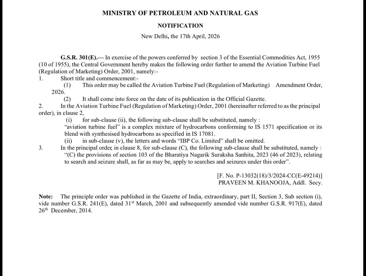 CNBCTV18Live's tweet image. #Govt updates rules for #AviationFuel used in #aircraft, can now be blended with synthetic fuels under new rules. Move aimed at enabling cleaner and alternative aviation fuels

New definition expands what qualifies as aviation turbine fuel (#ATF). Change comes into effect