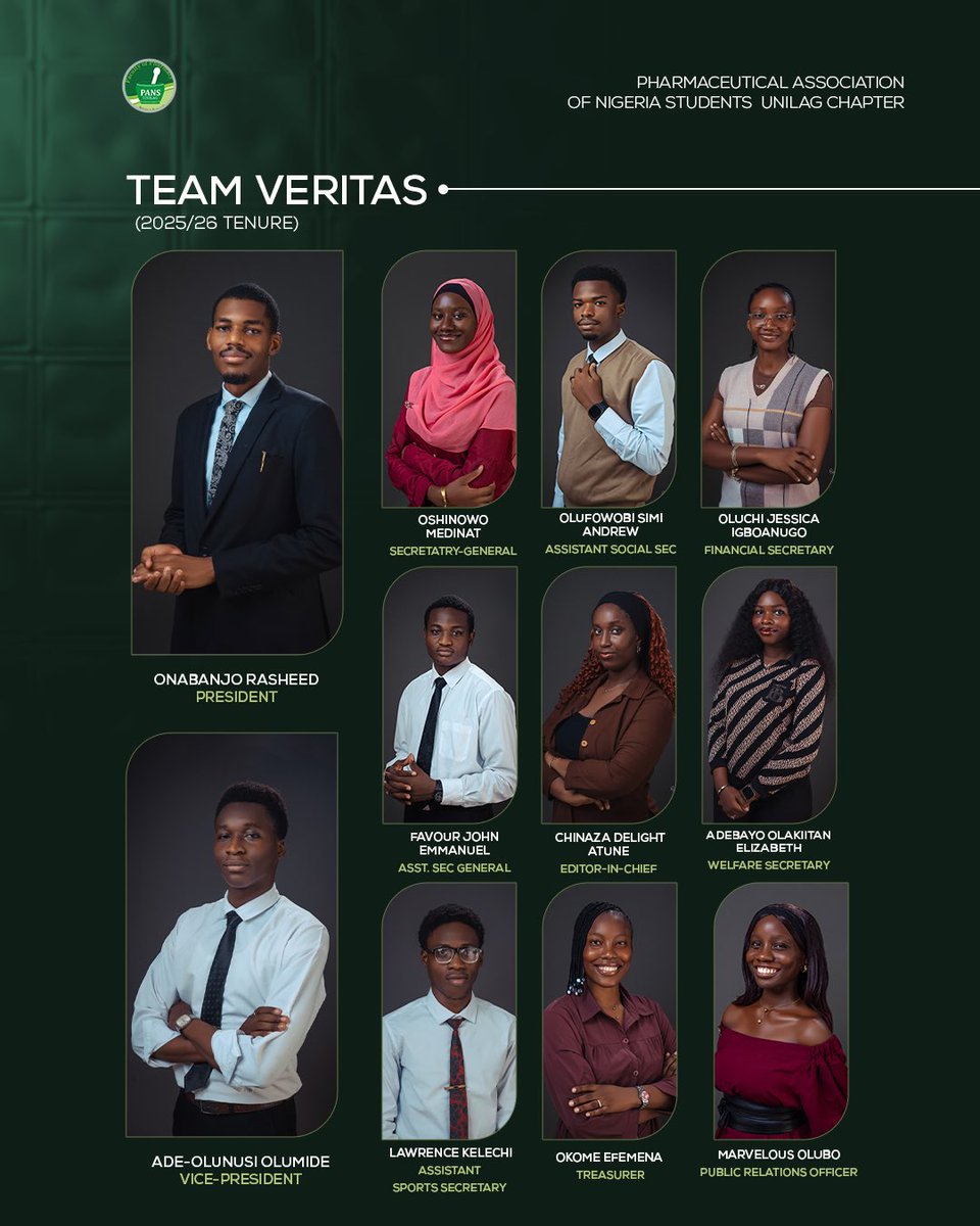PANS_Unilag's tweet photo. A new era of leadership begins at PANS UNILAG. ✨

Presenting TEAM VERITAS, the new exceutive members at PANS UNILAG 2025/26 Tenure. 

This is a team fully committed to excellence, advocacy, and progress for every pharmacy student at the Univeristy of Lagos.

#TEAM VERITAS 🟢✨ https://t.co/7H553lqRkY