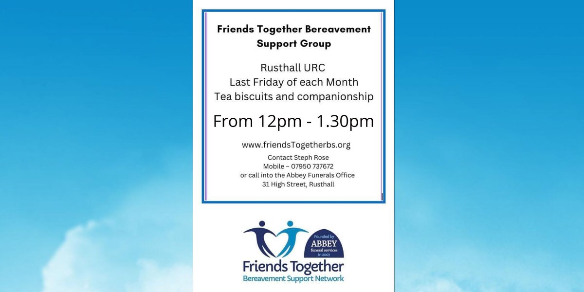 LangtonLife's tweet image. THIS FRIDAY &amp;amp; the last Friday of every month at Rusthall URC 12-1.30pm: 
Friends Together Bereavement Support Group. 
Tea, Biscuits &amp;amp; Companionship.
For more info contact Steph Rose 07950 737672 or call into the Abbey Funerals Office at 31 High St, Rusthall
#tunbridgewells
