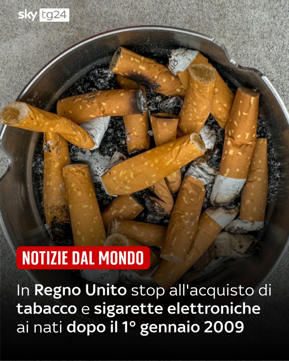 SkyTG24's tweet image. Chiunque sia nato dopo il 1° gennaio 2009 non potrà mai più acquistare legalmente tabacco nel Regno Unito. Lo prevede un disegno di legge su tabacco e sigarette elettroniche approvato dal Parlamento britannico. Sia la Camera dei Comuni che la Camera dei Lord hanno raggiunto un