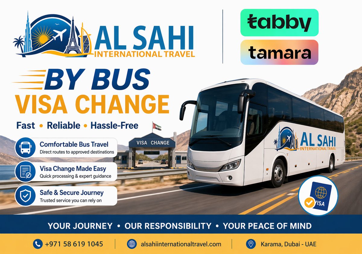 alsahitravel's tweet image. 🚌 Need a visa change service? Travel by bus with a smooth and convenient process supported by our team.

#VisaChange #BusVisaChange #DubaiVisa #TravelServices #KaramaDubai #UAETravel #TravelSupport #DubaiServices #EasyTravel #BookNow