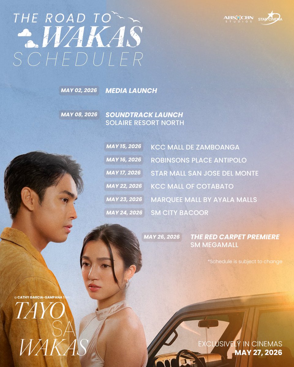 Kung saan man papunta ‘to… eto ang mga susunod nating hinto. 🛣️

Here’s your guide to The Road To Wakas—don’t miss a stop. 📍

#TayoSaWakas — a Cathy Garcia-Sampana film
Exclusively in cinemas May 27, 2026