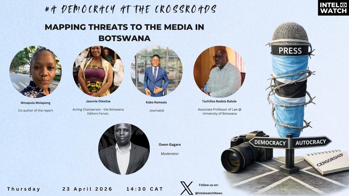IntelwatchNews's tweet photo. 2/2 Co-author of "A Democracy at the Crossroads", chair of the Botswana Editors Forum Jeannie Olesitse, journalist @kaboramasia and Tachilisa Badala Balule, an Associate Professor of Law @ the University of Botswana will be panelists. @BOCONGO2 @rorisangmogojwe @spencermogapi https://t.co/dfZUl508w7