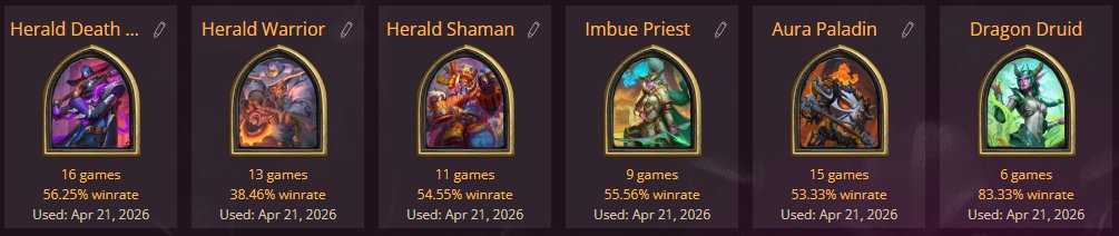 Graepefroot's tweet photo. Despite the #Hearthstone meta being a tad too aggro-focused for me, I've been having fun in Standard. This is my line-up for this patch.

Best deck is Dragon Druid, with my own build. I loved Boomkin back when it came out, so I wanted to run it. It's been doing well! https://t.co/TriCKQEDEI