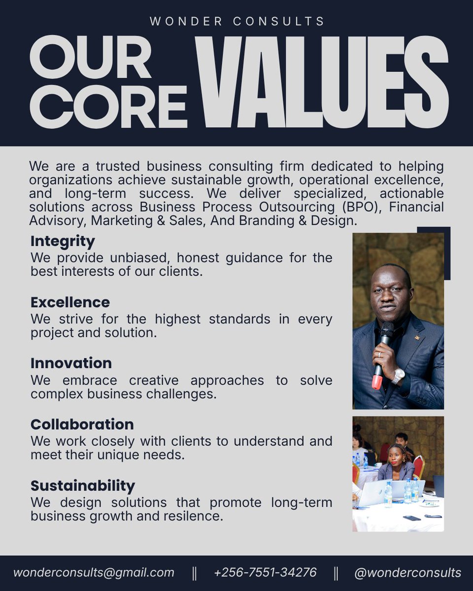 WonderConsults's tweet photo. OUR CORE VALUES | WONDER CONSULTS

At Wonder Consults, our core values aren’t just statements — they are the standard behind every decision, every strategy, and every result we deliver.

Integrity | Excellence | Innovation | Collaboration | Sustainability https://t.co/xkfKT0W3K8