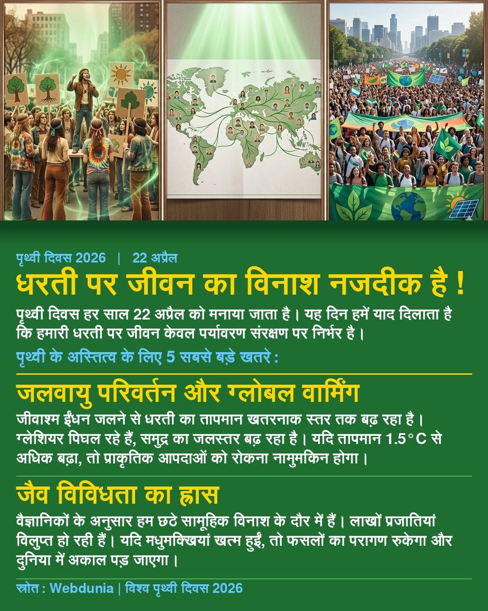 WebduniaHindi's tweet image. April 22 Earth Day:  यह दिन हमें याद दिलाता है कि हमारी धरती पर जीवन केवल हमारे पर्यावरण के संरक्षण पर निर्भर है। खबर 👇

m-hindi.webdunia.com/important-days…

#Earthday2026 #WorldEnvironmentDay #mother #nature #happyearthday #calender #days