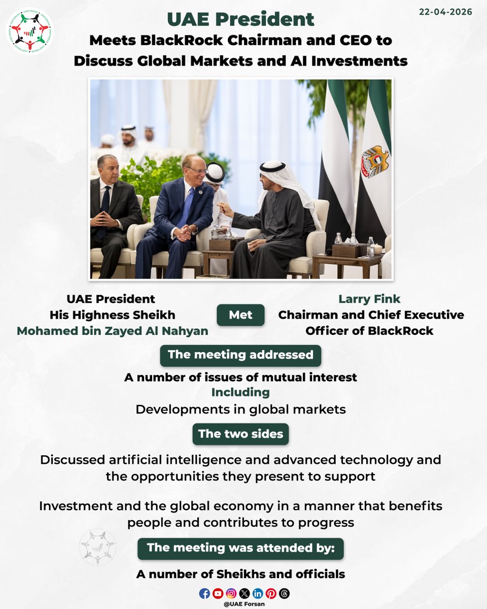 UAE_Forsan's tweet image. UAE President Meets BlackRock Chairman and CEO to Discuss Global Markets and #AI Investments
#UAE #BlackRock 
@MohamedBinZayed 
@BlackRock