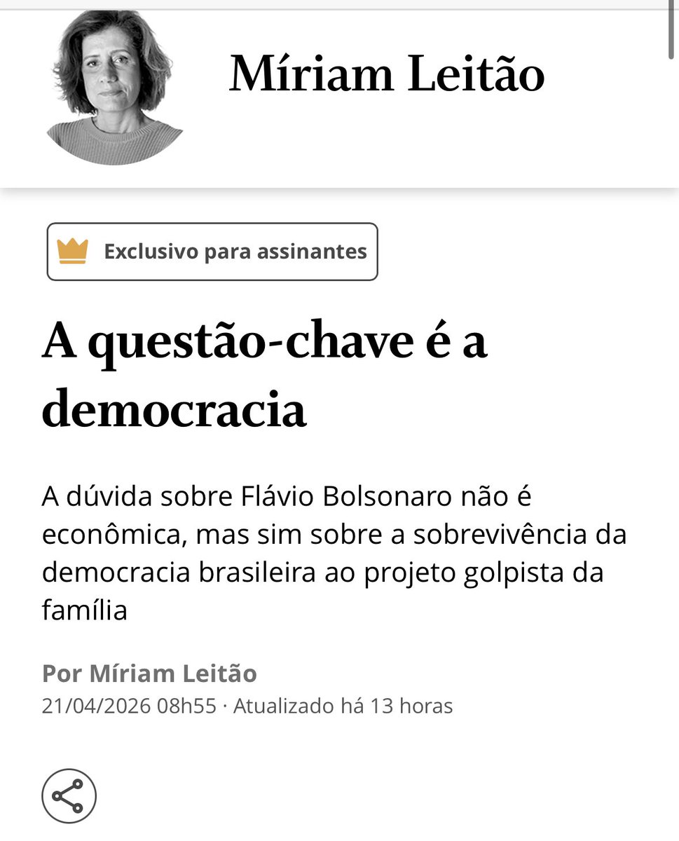 Mirian Leitão por o dedo na principal ferida da candidatura do “filho prodígio”. Além da falta de projetos, da certeza da corrupção, das investidas fascistas, o maior problema é a sanha golpista. Ele, o PL e os eleitores deles só querem a liberdade do pai e o povo que se lasque.
