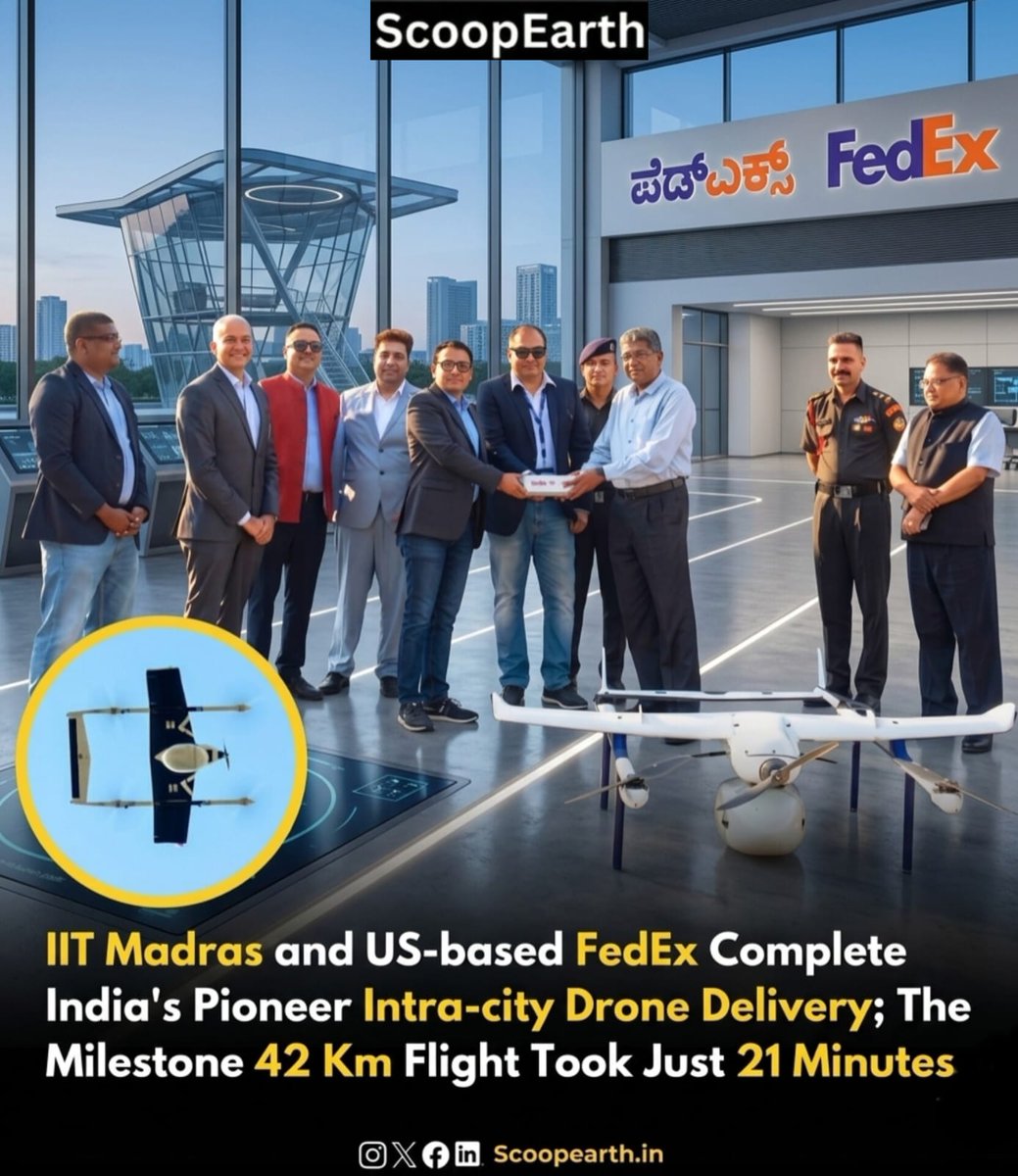 Scoopearth1's tweet image. 🚀IIT Madras and @FedEx  achieve India’s first intra-city drone delivery, covering 42 km in just 21 minutes, redefining logistics speed and innovation leads vision. #DroneDelivery #IITMadras #FedEx #Logistics #Innovation #scoopearth