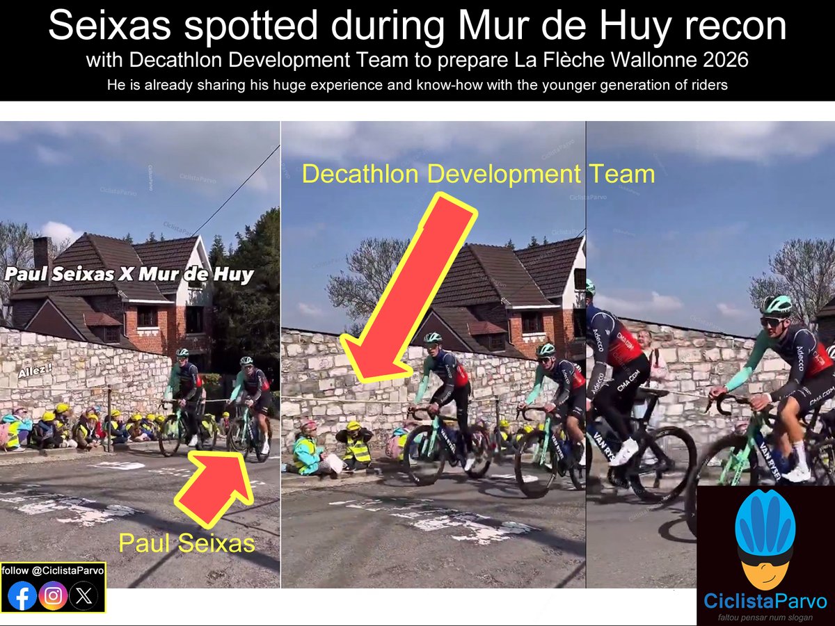 CiclistaParvo's tweet image. @seixas_paul spotted during Mur de Huy recon with @decathloncmacgm Development Team to prepare La @flechewallonne 2026
He is already sharing his huge experience and know-how with the younger generation of riders

#humor #fun #ciclistaparvo #bikes #cycling #bicicletas #cyclisme