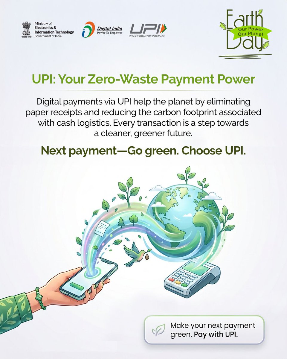 _DigitalIndia's tweet image. 🔥 Green Pay Power! 

#WorldEarthDay #DigitalIndia #GoGreen @upichalega @UPI_NPCI