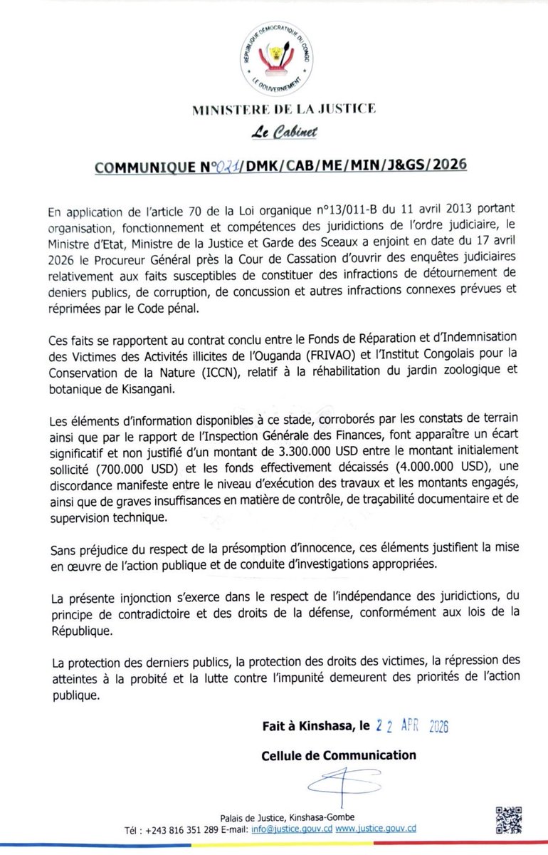 afrikarabia's tweet image. #RDC Le ministre de la #Justice @NgefaGuillaume demande l’ouverture d’une enquête judiciaire concernant la réhabilitation du #zoo de #Kisangani pour des soupçons de #corruption : un montant de 3,3M $ non-justifié.