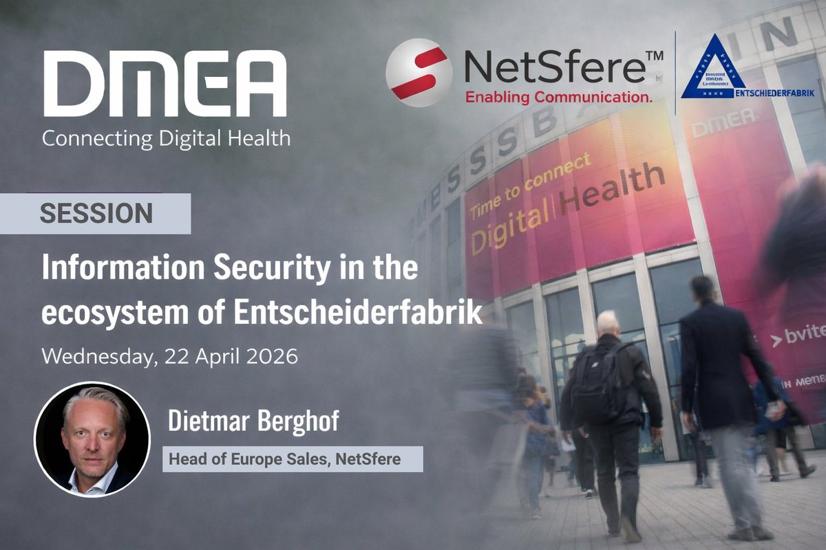NetSfere's tweet image. Join Dietmar Berghof for an insightful session on “Information Security in the Ecosystem of Entscheiderfabrik" on 22nd April at DMEA
#HealthcareAI #InformationSecurity #DigitalHealth