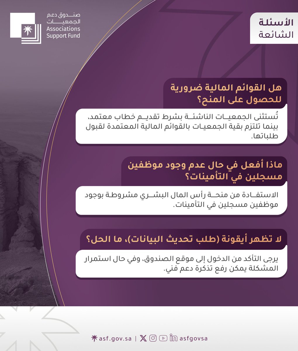 أبرز الاستفسارات الخاصة بالمنح المقدمة من #صندوق_دعم_الجمعيات.