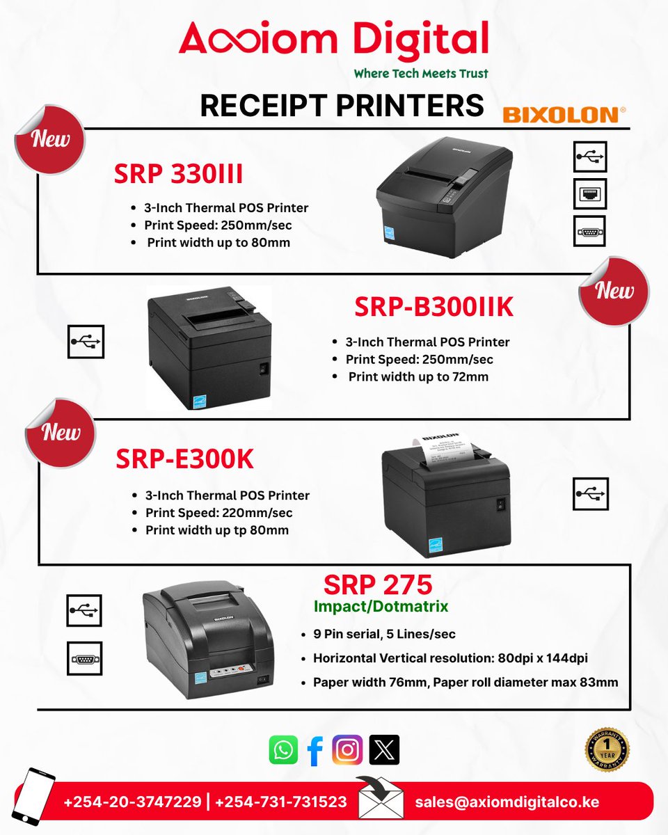 AxiomDigitalKe's tweet photo. From SRP‑275 to New Thermal Models -Axiom Digital expands the Bixolon portfolio. More speed. More choice. Same trusted performance.
#POSKenya #ReceiptPrinters https://t.co/bISaZx9VuB