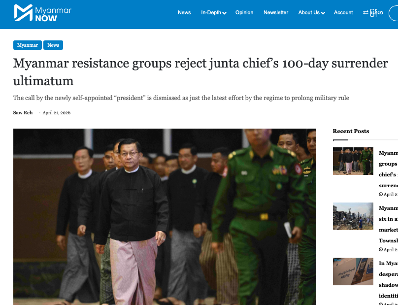 SpecialCouncil's tweet photo. Credit to @Myanmar_Now_Eng for referring to Min Aung Hlaing as "junta chief" &amp; labelling his surrender ultimatum in its headline.   

Hugely disappointed in this @Reuters framing, which risks conferring legitimacy on the junta &amp; its fake peace narrative. https://t.co/kpdr00TThF