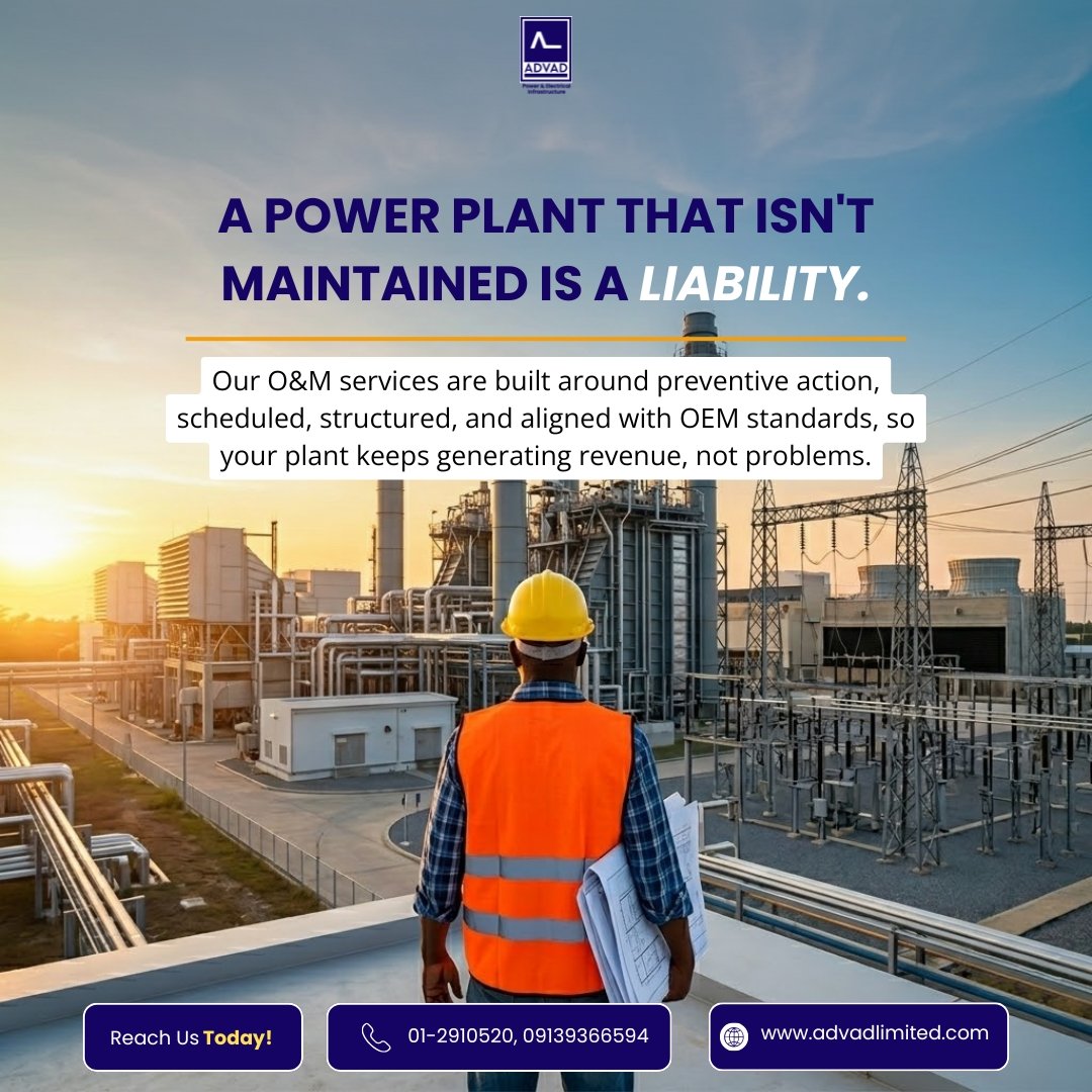 ADVADLIMITEDNG's tweet photo. A power plant without maintenance isn't an asset, it’s a liability.
Our O&M services use structured, OEM-aligned preventive action to ensure your plant generates revenue, not problems.
Keep your infrastructure running at peak performance. #PowerGen #OandM #ADVAD https://t.co/rlCYEhnVN2