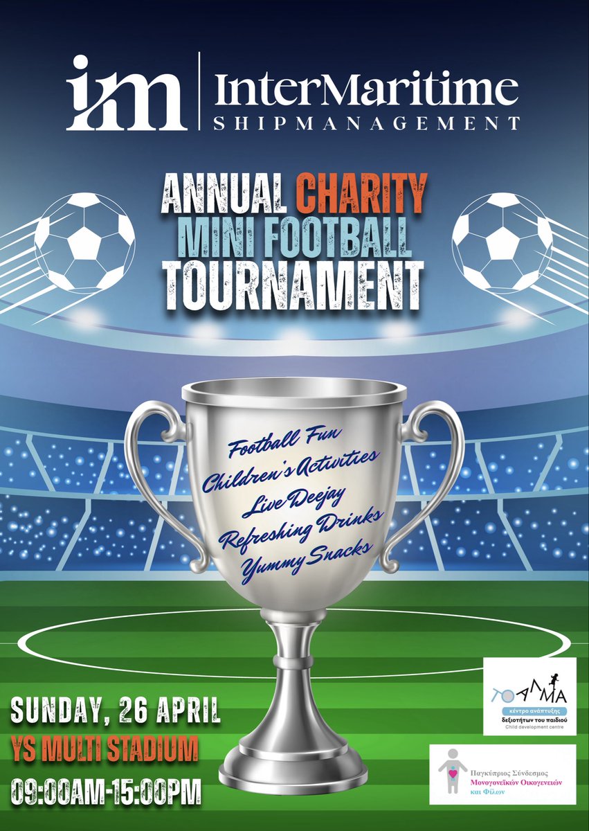InterMaritimeIM's tweet photo. You’re invited! ⚽💙

Join us on April 26 at YS Multi Stadium from 09:00–15:00 for a day of football, family fun &amp; giving back! 
In support of the ALMA Foundation &amp; the Pancyprian Single Parents &amp; Friends Association 🫶

#IMCSR https://t.co/6hPteslqtT