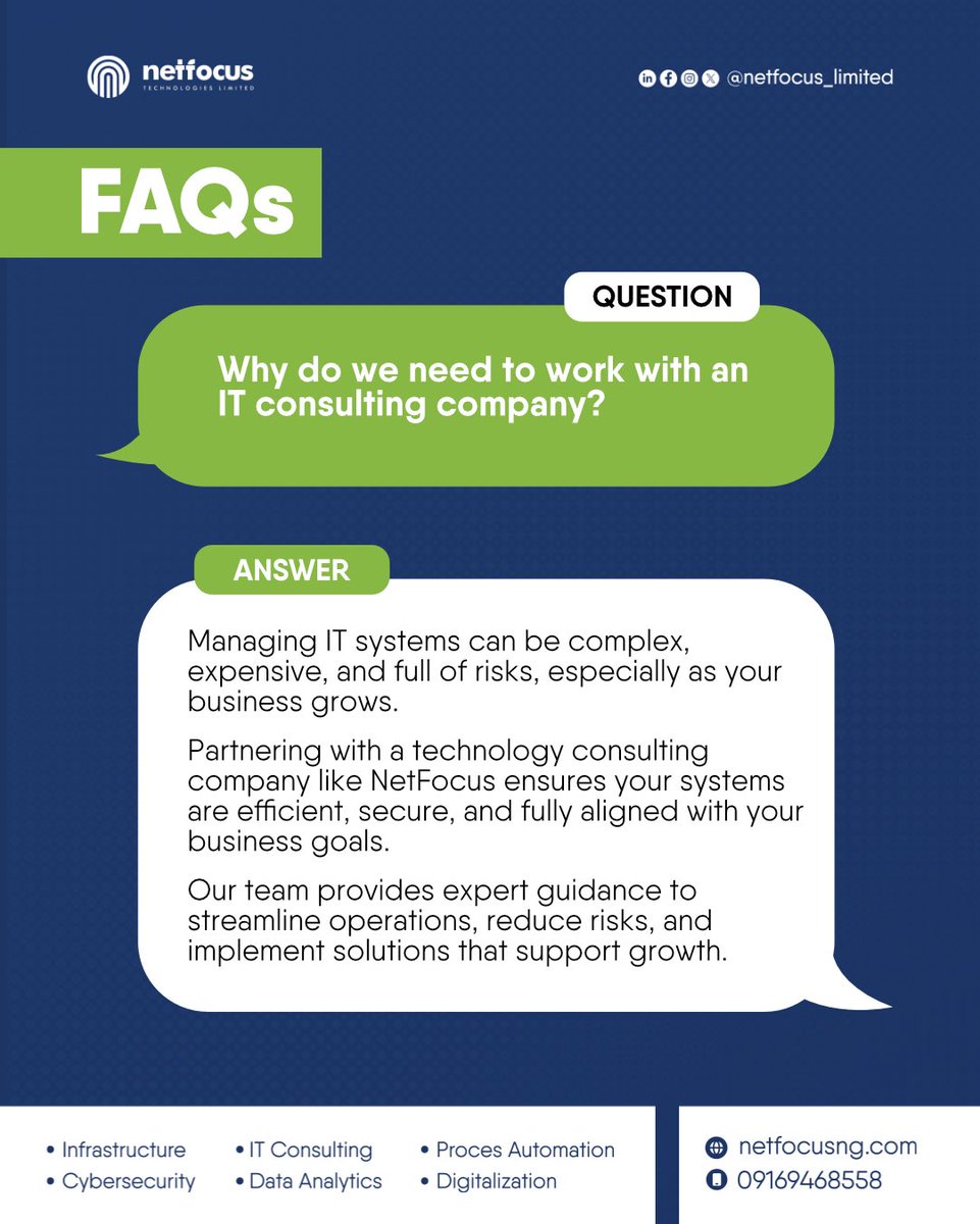 netfocuslimited's tweet image. This is one question that comes up quite often. 

When things seem to be working, it’s easy to assume your current setup is enough.

But not all IT challenges are obvious. Schedule a consultation session today to learn more: info@netfocusng.com

#itconsulting #netfocus