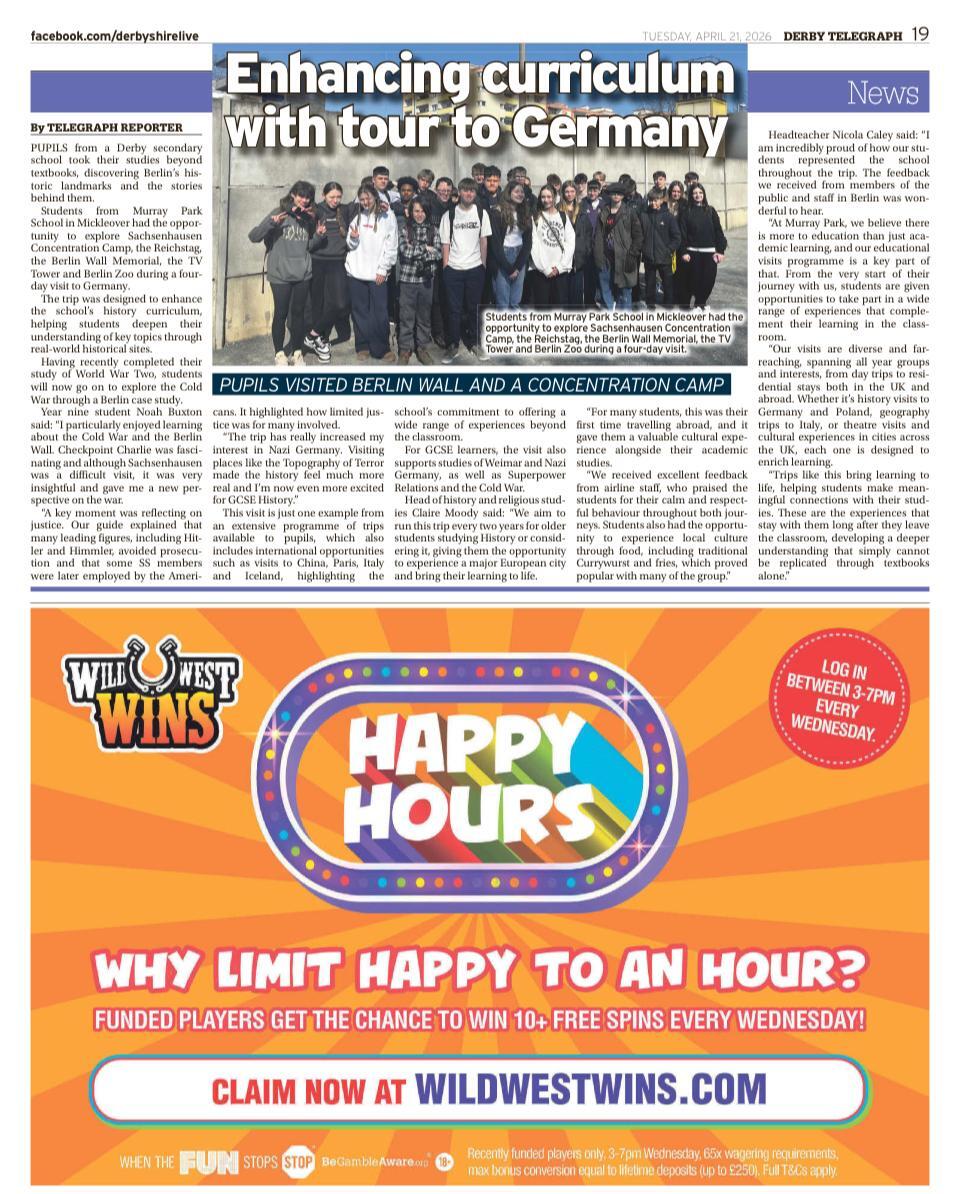 murrayparkderby's tweet image. Berlin History Trip make headline News!

Murray Park students took history beyond the classroom on a Berlin trip, visiting the Berlin Wall, Reichstag &amp;amp; Sachsenhausen. A powerful experience bringing WWII &amp;amp; the Cold War to life. #LearningBeyondTheClassroom #ProudToBeHere #Histroy