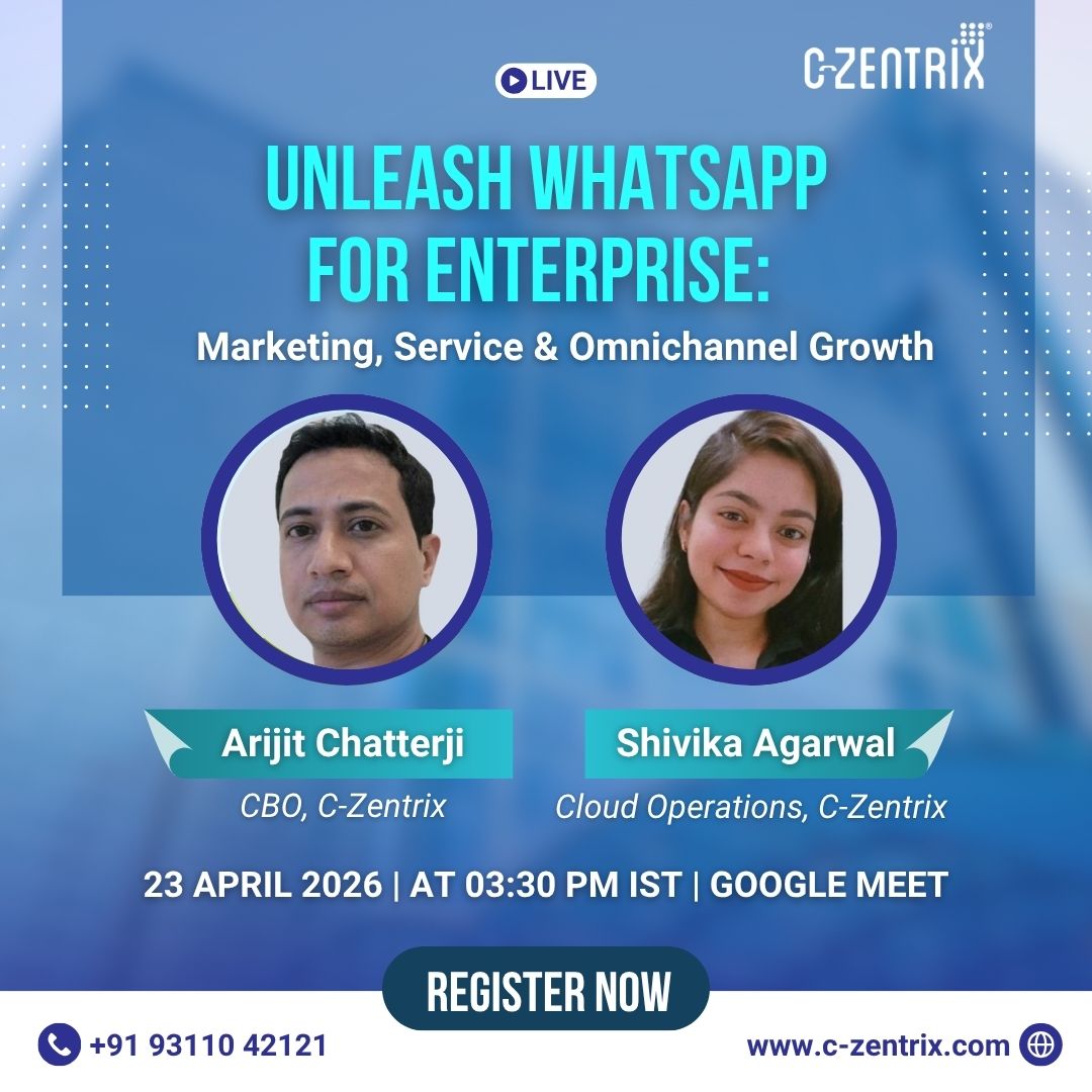 czentrix's tweet photo. 🚨 1 Day Left!  

Don’t miss our webinar “Unleash WhatsApp for Enterprise: Marketing, Service &amp; Omnichannel Growth.” 

Learn how to boost engagement, automate support, and deliver seamless experiences.  
📅April 23, 2026 | 🕒03:30 PM IST
👉 Register now: https://t.co/iQC0tVWtGW https://t.co/ztQKp9eVzd