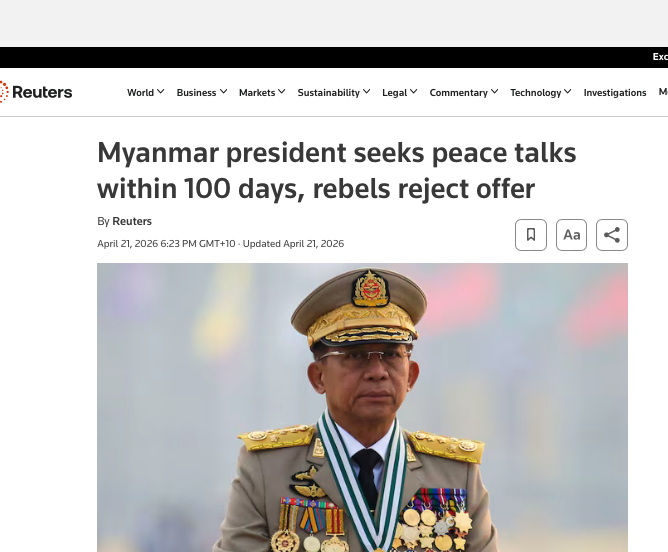 SpecialCouncil's tweet photo. Credit to @Myanmar_Now_Eng for referring to Min Aung Hlaing as "junta chief" &amp; labelling his surrender ultimatum in its headline.   

Hugely disappointed in this @Reuters framing, which risks conferring legitimacy on the junta &amp; its fake peace narrative. https://t.co/kpdr00TThF