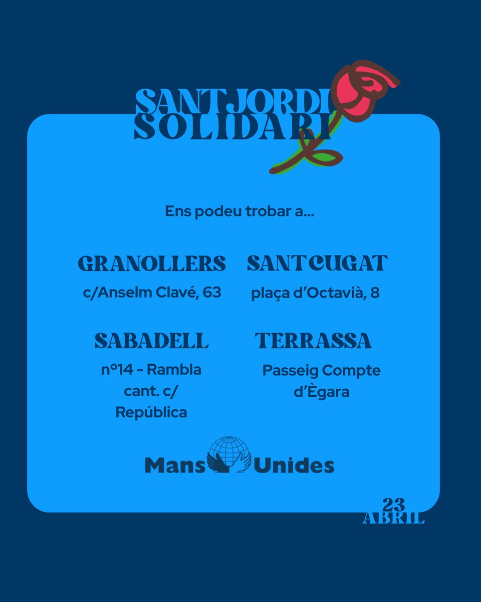 MansUnidesV's tweet photo. SANT JORDI SOLIDARI🌹

Aquest 23 d'abril pots col·laborar amb #MansUnides adquirint #roses , #llibres i #xocolata solidària 🌹📚!

T'hi esperem!🤝 https://t.co/iTMiV5zifY