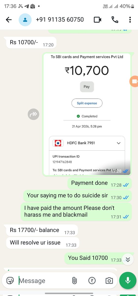 ateeqsinwan's tweet photo. @SBICard_Connect Hi Sbi, i was forced to pay fraud charges in my sbi card the ticket was being worked by nodal office but agents harassed me to pay outstanding charges which was fraudulent..They said me if I don't pay they will com near home and said me to suicide..if don't pay https://t.co/bAOEutBpDr