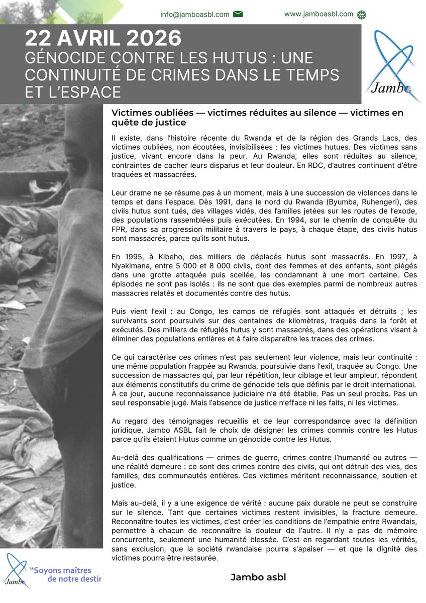 jamboasbl's tweet photo. 🕯️ Ce 22 avril, en mémoire du massacre des civils hutus de Kibeho (22 avril 1995), nous commémorons les victimes du génocide contre les Hutus.

Victimes oubliées, réduites au silence, sans justice.

Reconnaître. Écouter. Rendre justice. ⚖️