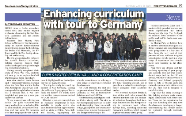 murrayparkderby's tweet image. Berlin History Trip make headline News!

Murray Park students took history beyond the classroom on a Berlin trip, visiting the Berlin Wall, Reichstag &amp;amp; Sachsenhausen. A powerful experience bringing WWII &amp;amp; the Cold War to life. #LearningBeyondTheClassroom #ProudToBeHere #Histroy