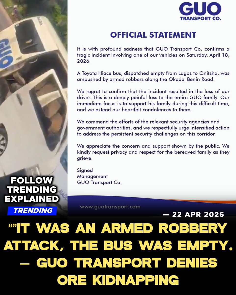 TrendingEx's tweet photo. Lagos to Onitsha is trending because GUO motors is claiming that their bus that was attacked by kidnappers at Ore-Benin was  empty.

On Sunday afternoon gunmen ambushed and opened fire on a GUO bus in Edo, klling the driver, abducting passengers and later demanding ₦50M ransome for each person’s freedom.

Today, Godwin Ubaka Okeke motors released a statement labelling it as Armed Robbery attack, which unfortunately took the life of the driver, who was supposedly driving an empty dispatched bus from Lagos to Onitsha.

Nigerians are questioning the possibility of a transport bus to be dispatched from Lagos to Onitsha, Anambra — Empty.

Many consider the statement highly insensitive as it didn’t regard the kidnapped victims, only commiserating with the late driver’s family.

However in fairness, they meant that the driver illegally carried passengers, when he was directed to take the bus to their park Onitsha park. But the tone and insensitivity the message was conveyed has triggered the outrage.

•• Get Involved in the next elections.. Be your own situation room, snap and upload, view all results live in real-time on https://t.co/1jqs7eUmth a people’s alternative to INEC’s IREV by @CitizenMonitors || Sign Up Now.

Follow @TrendingEx for daily explanations!