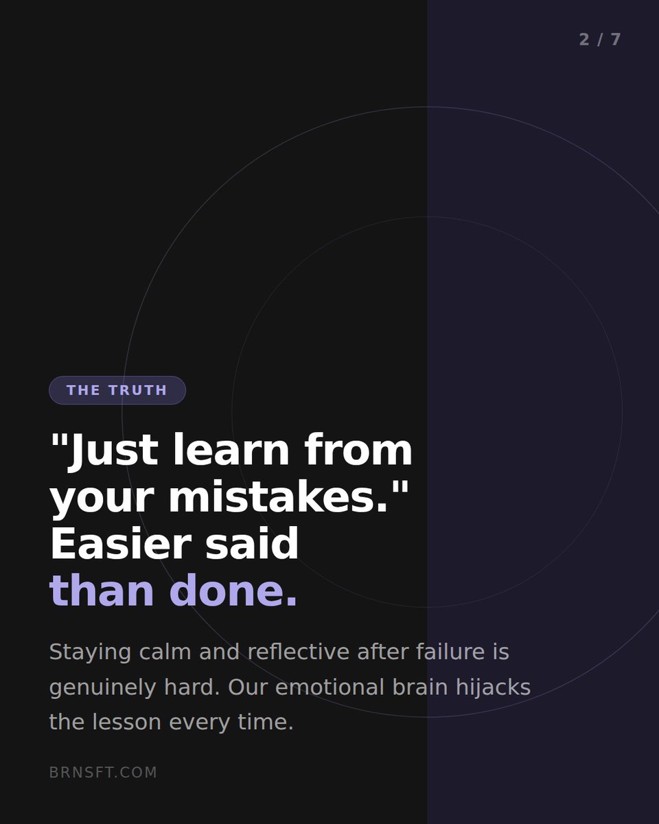 brnsft's tweet photo. "Just learn from your mistakes." Sounds simple. Feels impossible when you're in the middle of it. 🧠
Here's what actually helps: mindfulness.
Not as a buzzword, as a brain tool.

Swipe through to see the 3 science-backed ways mindfulness rewires how your brain handles failure 👉 https://t.co/1TMvavGZWY